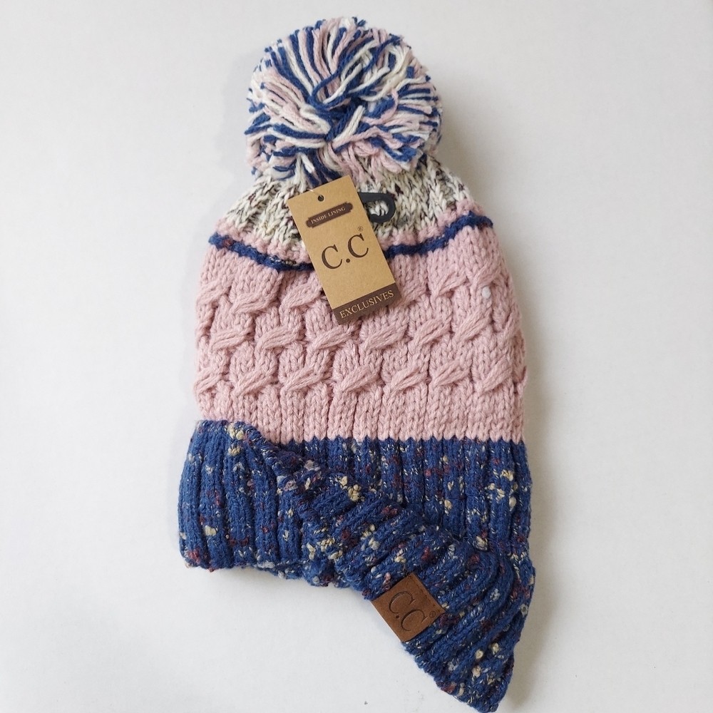 Womens Beanie Hat Pink Cable Knit Hat Winter Lined Pom Soft 100% Acrylic - Picture 6 of 11